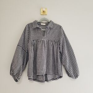 Amoli Woven Pullover Blouse Top Women Small Oversized Black White Houndstooth